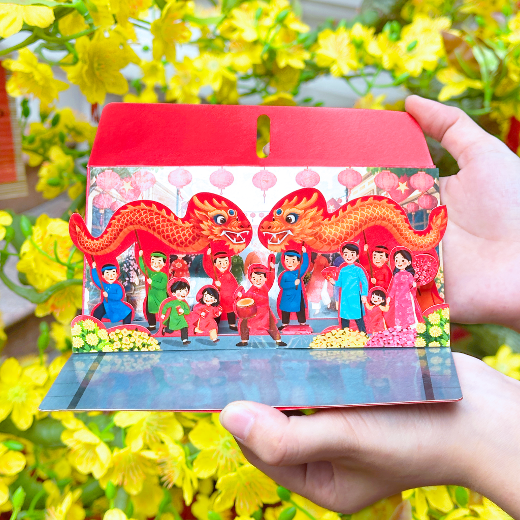 Hình ảnh lân sư rồng quen thuộc được tái hiện lại trong chiếc bao lì xì 3D nhà On The Paper